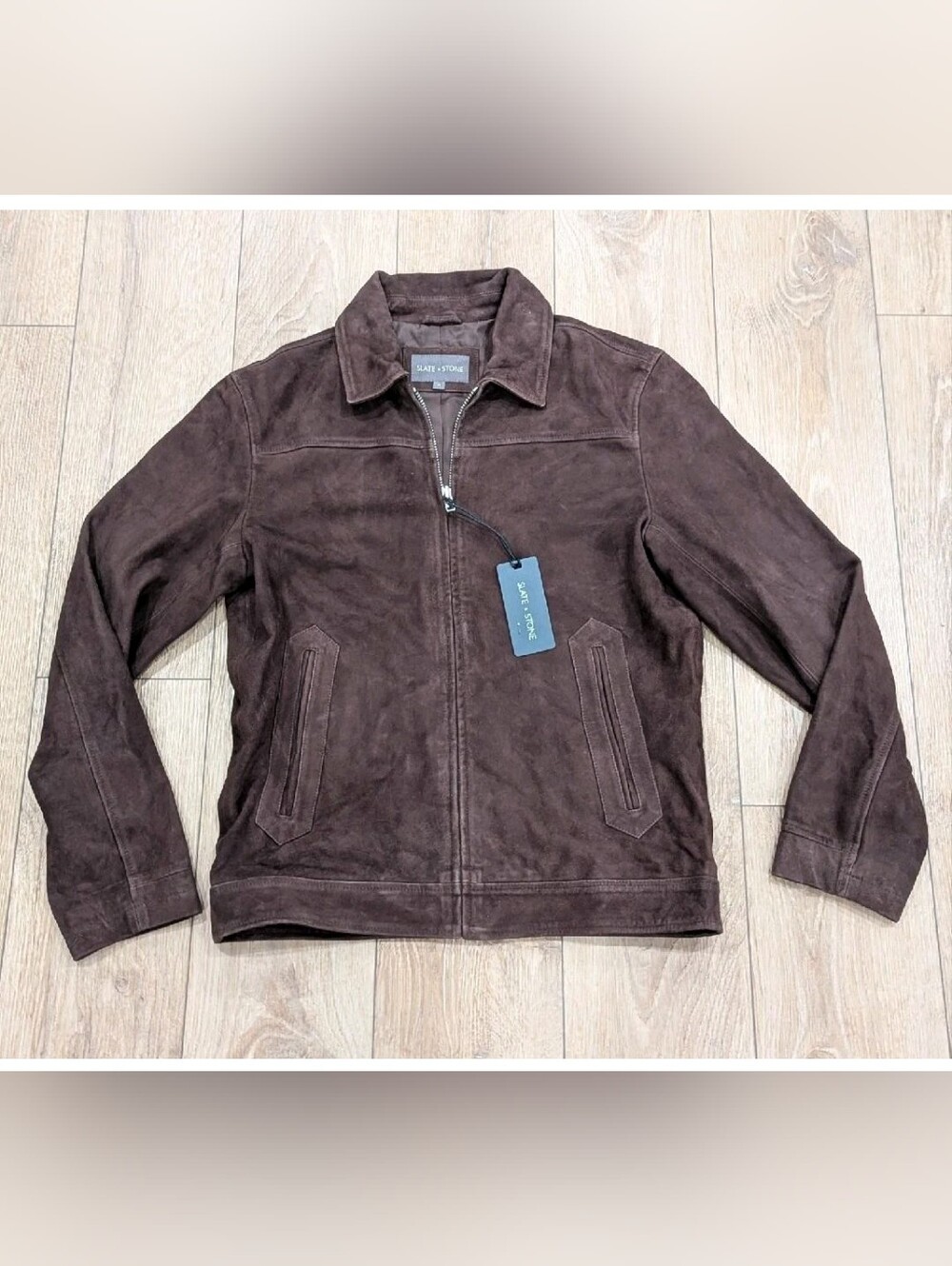 $598 Mens Slate & Stone Suede Racer Jacket Chocolate Brown Medium